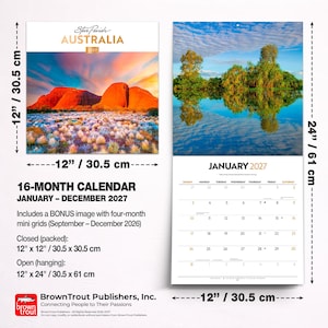May include: A 16-month wall calendar for 2027 featuring Australian landscapes. Closed dimensions are 12 inches by 12 inches, and open dimensions are 12 inches by 24 inches. The cover displays Uluru, while the interior shows January 2027.