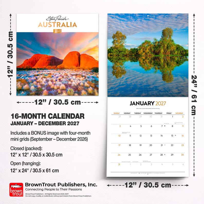 May include: A 16-month wall calendar for 2027 featuring Australian landscapes. Closed dimensions are 12 inches by 12 inches, and open dimensions are 12 inches by 24 inches. The cover displays Uluru, while the interior shows January 2027.