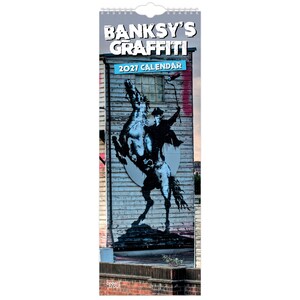 Calendario de pared mensual delgado de 5,7 x 16,5 pulgadas (para colgar) de Banksy, OFICIAL / 2027 / BrownTrout / Dibujos de diseño de arte callejero