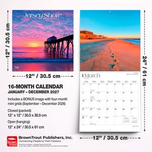 May include: A 16-month Jersey Shore 2027 wall calendar measuring 30.5 cm by 30.5 cm closed and 30.5 cm by 61 cm open. It features coastal photography, a March 2027 grid, and bonus mini grids for September through December 2026.