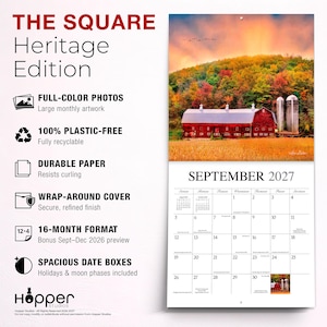 K&ouml;nnte beinhalten: Ein 16-Monats-Wandkalender mit dem Titel The Square Heritage Edition von Hopper Studios. Die obere H&auml;lfte zeigt eine herbstliche Landschaft mit einer roten Scheune und Silos. Die untere H&auml;lfte zeigt das Kalenderraster f&uuml;r September 2027 mit gro&szlig;en Datumsfeldern.