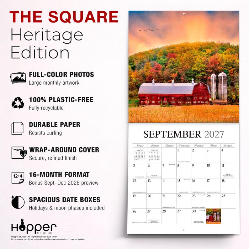 K&ouml;nnte beinhalten: Ein 16-Monats-Wandkalender mit dem Titel The Square Heritage Edition von Hopper Studios. Die obere H&auml;lfte zeigt eine herbstliche Landschaft mit einer roten Scheune und Silos. Die untere H&auml;lfte zeigt das Kalenderraster f&uuml;r September 2027 mit gro&szlig;en Datumsfeldern.