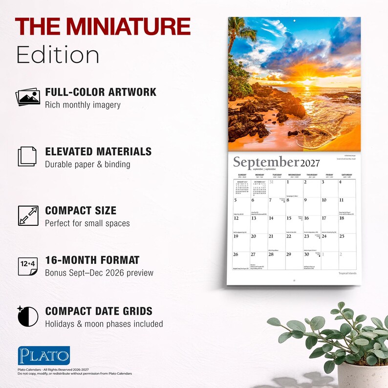May include: A wall calendar titled The Miniature Edition featuring a 16-month format with a September 2027 date grid. The top section displays a vibrant tropical sunset over a rocky beach. Text highlights include full-color artwork and compact size.