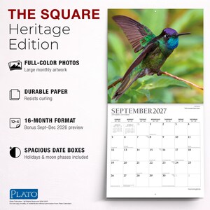 K&ouml;nnte beinhalten: Ein 16-Monats-Wandkalender mit dem Titel The Square Heritage Edition, der auf der oberen Seite ein farbiges Foto eines Kolibris mit schillerndem violettem und gr&uuml;nem Gefieder und auf der unteren Seite ein Kalenderblatt f&uuml;r September 2027 zeigt.