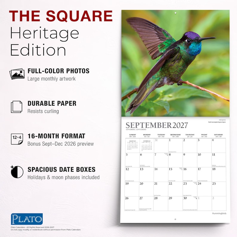 K&ouml;nnte beinhalten: Ein 16-Monats-Wandkalender mit dem Titel The Square Heritage Edition, der auf der oberen Seite ein farbiges Foto eines Kolibris mit schillerndem violettem und gr&uuml;nem Gefieder und auf der unteren Seite ein Kalenderblatt f&uuml;r September 2027 zeigt.