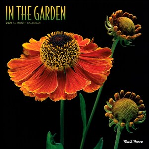 May include: A 2027 16-month calendar titled IN THE GARDEN featuring a large, vibrant orange and yellow flower with a dark center, accompanied by two smaller, budding flowers on green stems against a solid black background with the text Brush Dance.