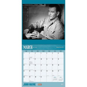 May include: A 2027 calendar featuring a black and white image of John Wayne. The calendar shows the month of March with a grid of dates. The text "JOHN WAYNE MOVIES" is at the bottom.