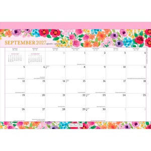 K&ouml;nnte beinhalten: Ein Wandkalender f&uuml;r September 2027 mit einem lebendigen Blumenrand aus rosa, orangefarbenen, blauen und violetten Bl&uuml;ten oben und unten. Das Raster zeigt Daten, Wochentage sowie kleine Monatskalender f&uuml;r August und Oktober 2027 an.