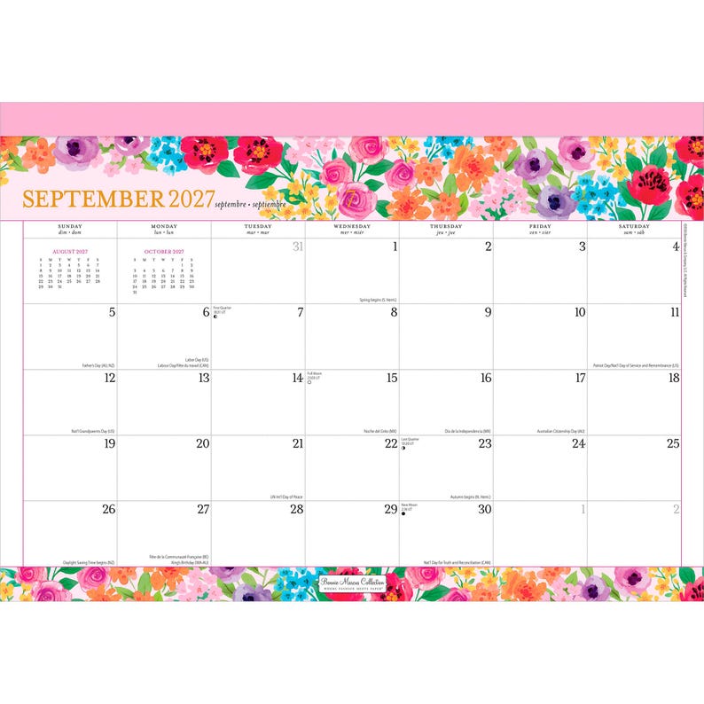 K&ouml;nnte beinhalten: Ein Wandkalender f&uuml;r September 2027 mit einem lebendigen Blumenrand aus rosa, orangefarbenen, blauen und violetten Bl&uuml;ten oben und unten. Das Raster zeigt Daten, Wochentage sowie kleine Monatskalender f&uuml;r August und Oktober 2027 an.
