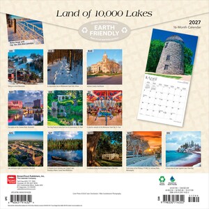 May include: A 2027 16-month wall calendar titled Land of 10,000 Lakes featuring twelve monthly landscape photographs of Minnesota, including a stone windmill, snowy forests, city skylines, a carousel, and lakes, with a preview of the April page.