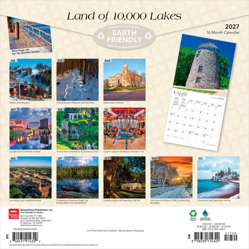 May include: A 2027 16-month wall calendar titled Land of 10,000 Lakes featuring twelve monthly landscape photographs of Minnesota, including a stone windmill, snowy forests, city skylines, a carousel, and lakes, with a preview of the April page.