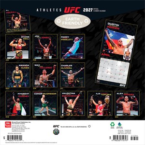 May include: A 2027 UFC official 16-month wall calendar featuring various professional fighters in action. The back cover displays monthly image previews, including Dustin Poirier, Jon Jones, and Amanda Nunes, with a barcode and publisher details.