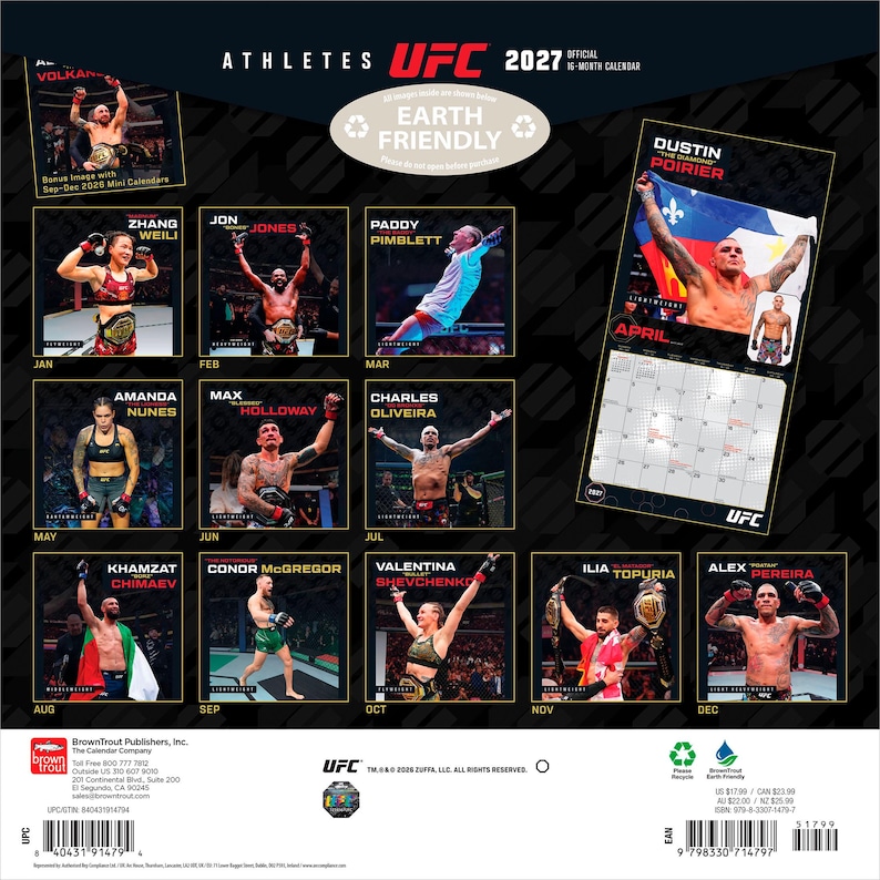 May include: A 2027 UFC official 16-month wall calendar featuring various professional fighters in action. The back cover displays monthly image previews, including Dustin Poirier, Jon Jones, and Amanda Nunes, with a barcode and publisher details.
