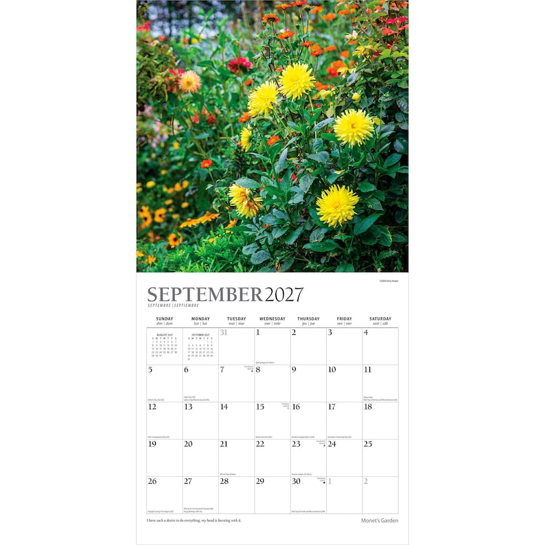 Puede incluir: Un calendario de pared para septiembre de 2027 con una fotograf&iacute;a de un jard&iacute;n con flores dalia de color amarillo brillante y follaje verde. La cuadr&iacute;cula del calendario muestra el mes, el a&ntilde;o, los d&iacute;as de la semana y las fechas, con el t&iacute;tulo Monet's Garden.