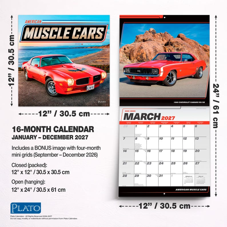 Puede incluir: Un calendario de pared de 16 meses titulado American Muscle Cars, que mide 30,5 cm por 30,5 cm cerrado y 30,5 cm por 61 cm abierto. Incluye coches deportivos rojos, una cuadr&iacute;cula de marzo de 2027 y mini cuadr&iacute;culas de septiembre a diciembre de 2026.