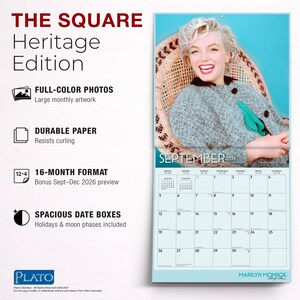 K&ouml;nnte beinhalten: Ein 16-Monats-Wandkalender mit dem Titel The Square Heritage Edition, der ein Foto von Marilyn Monroe f&uuml;r September 2027 zeigt. Der Kalender enth&auml;lt vollfarbige Fotos, strapazierf&auml;higes Papier und ger&auml;umige Datumsfelder mit Feiertagen.