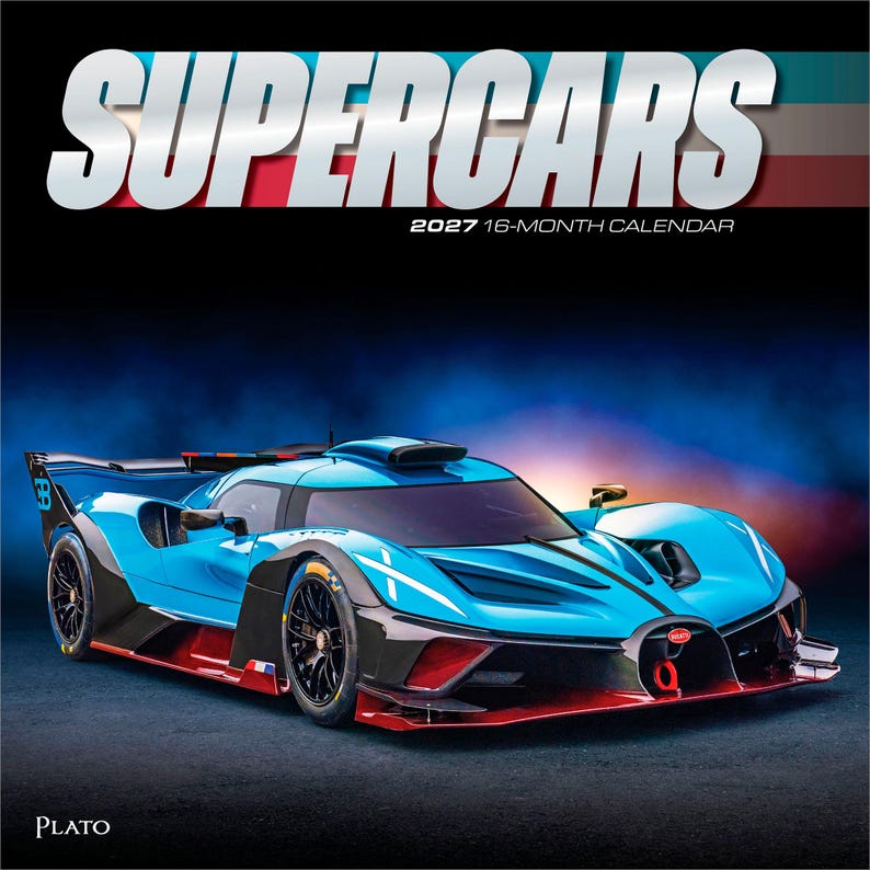 May include: A 2027 16-month calendar titled SUPERCARS featuring a bright blue and black Bugatti Bolide race car on the cover. The design includes a red front splitter, black wheels, and a dark blue background with a glowing light effect.