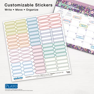 May include: A sheet of customizable stickers featuring various shapes and colors, including yellow, orange, blue, red, and green outlines. The stickers are designed for use on a calendar, with text reading Customizable Stickers, Write, Move, Organize.