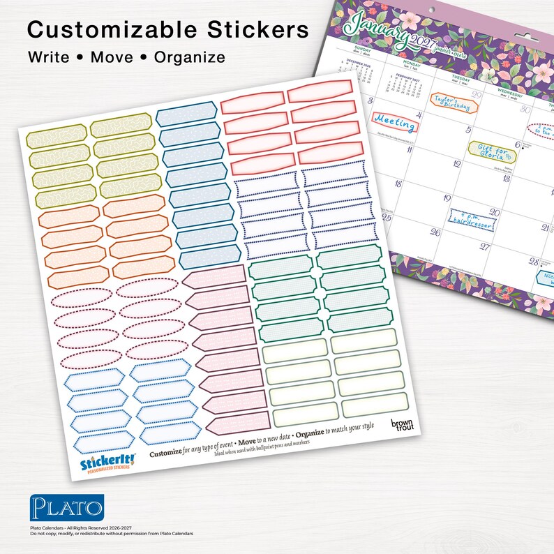 May include: A sheet of customizable stickers featuring various shapes and colors, including yellow, orange, blue, red, and green outlines. The stickers are designed for use on a calendar, with text reading Customizable Stickers, Write, Move, Organize.
