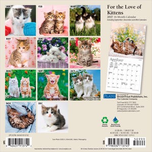 May include: A 2027 16-month wall calendar titled For the Love of Kittens, featuring twelve monthly grid pages with various kitten photographs, including a sample April 2027 page, publisher information, and barcodes on a light beige background.