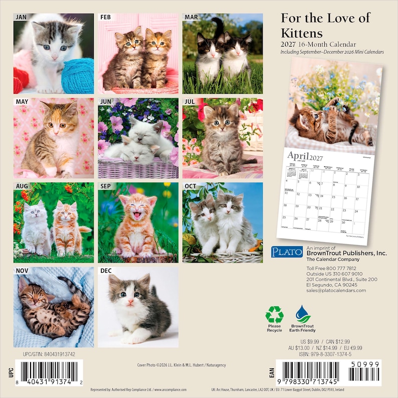 May include: A 2027 16-month wall calendar titled For the Love of Kittens, featuring twelve monthly grid pages with various kitten photographs, including a sample April 2027 page, publisher information, and barcodes on a light beige background.