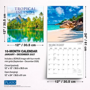 May include: A 16-month Tropical Islands wall calendar for 2027, measuring 12 inches by 12 inches closed and 12 inches by 24 inches open. The cover features a mountain and palm tree landscape, while the interior shows a March 2027 grid.