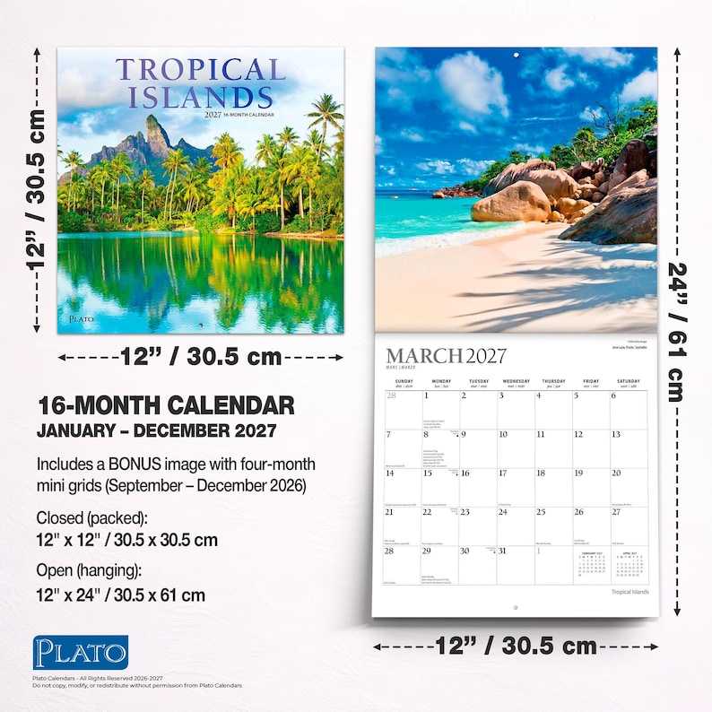 May include: A 16-month Tropical Islands wall calendar for 2027, measuring 12 inches by 12 inches closed and 12 inches by 24 inches open. The cover features a mountain and palm tree landscape, while the interior shows a March 2027 grid.