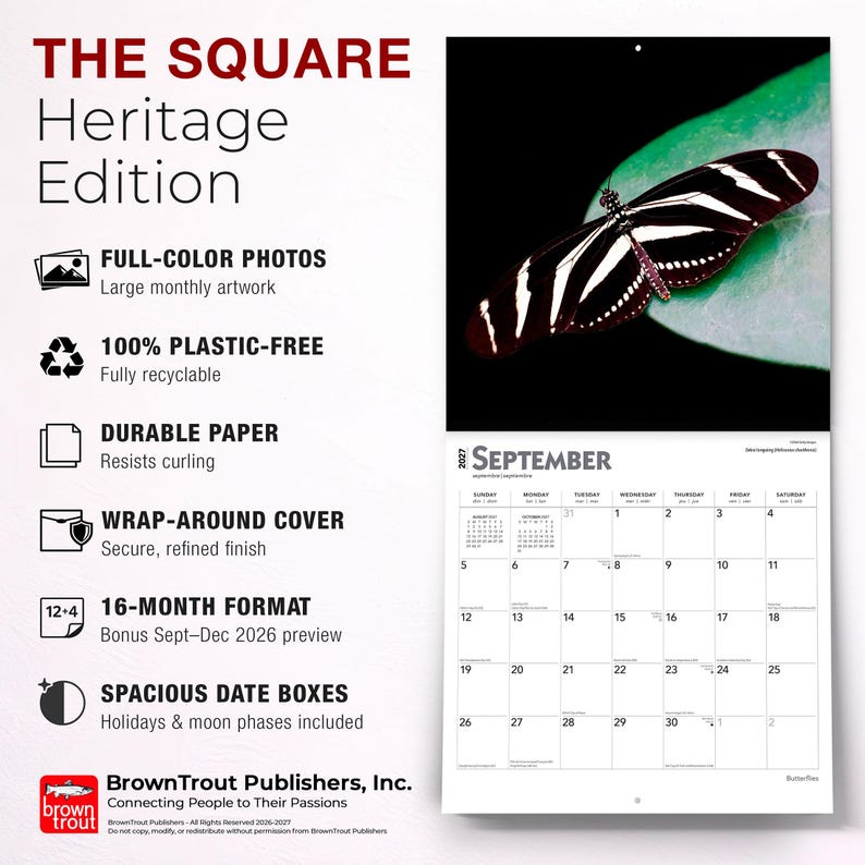 Puede incluir: Un calendario de pared 2027 titulado The Square Heritage Edition que muestra una mariposa cebra en blanco y negro sobre una hoja verde para septiembre. El calendario incluye 16 meses, fotos a todo color, papel duradero y casillas espaciosas.