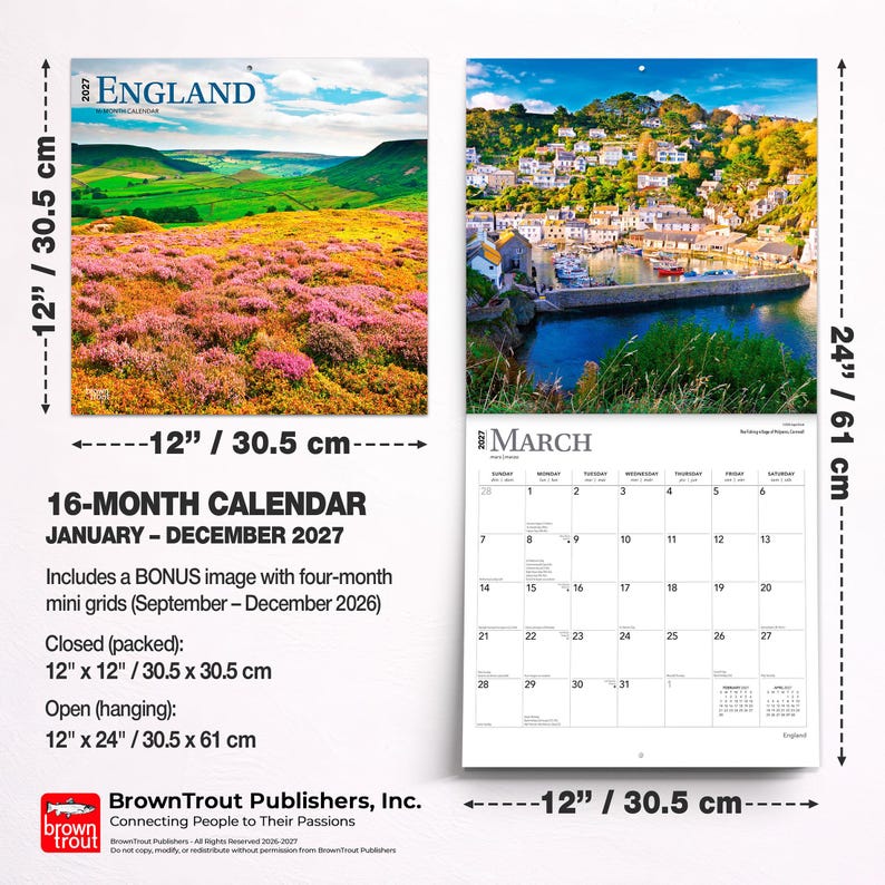 May include: A 2027 England 16-month wall calendar measuring 12 inches by 12 inches closed and 12 inches by 24 inches open. It features landscape photography of English scenery and a March calendar grid with dates and days of the week clearly printed.