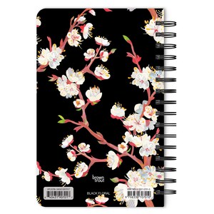 May include: Black floral design on a spiral bound notebook with a black background. The notebook cover features a floral pattern with pink and white flowers. The text "brown trout" and "BLACK FLORAL" are printed on the cover.