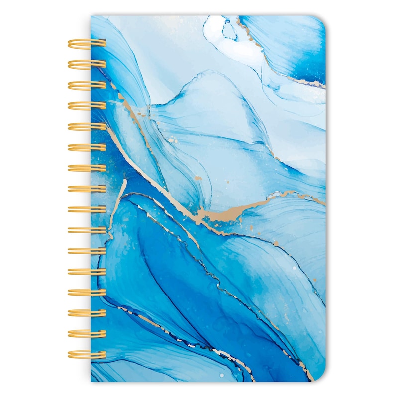 May include: A blue and gold spiral bound notebook with a marbled design. The notebook has a blue background with gold swirls and lines.