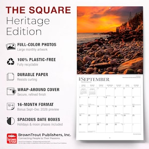 May include: The Square Heritage Edition 2027 wall calendar features a full-colour photograph of a rocky coastline at sunset for September. The layout includes a 16-month format, spacious date boxes with holidays and moon phases, and durable paper.