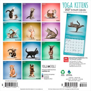 May include: A 2027 16-month Yoga Kittens calendar featuring twelve individual colour-coded squares, each displaying a kitten in a yoga pose with its name. The right side shows a sample April page with a grey kitten and a monthly grid.