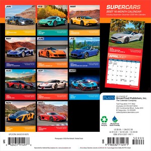 Puede incluir: Un calendario de pared de 16 meses Supercars 2027 con doce veh&iacute;culos de alto rendimiento, incluyendo un Mercedes-AMG GT, un McLaren Artura y un Bugatti Bolide. La contraportada muestra cuadr&iacute;culas mensuales y especificaciones.