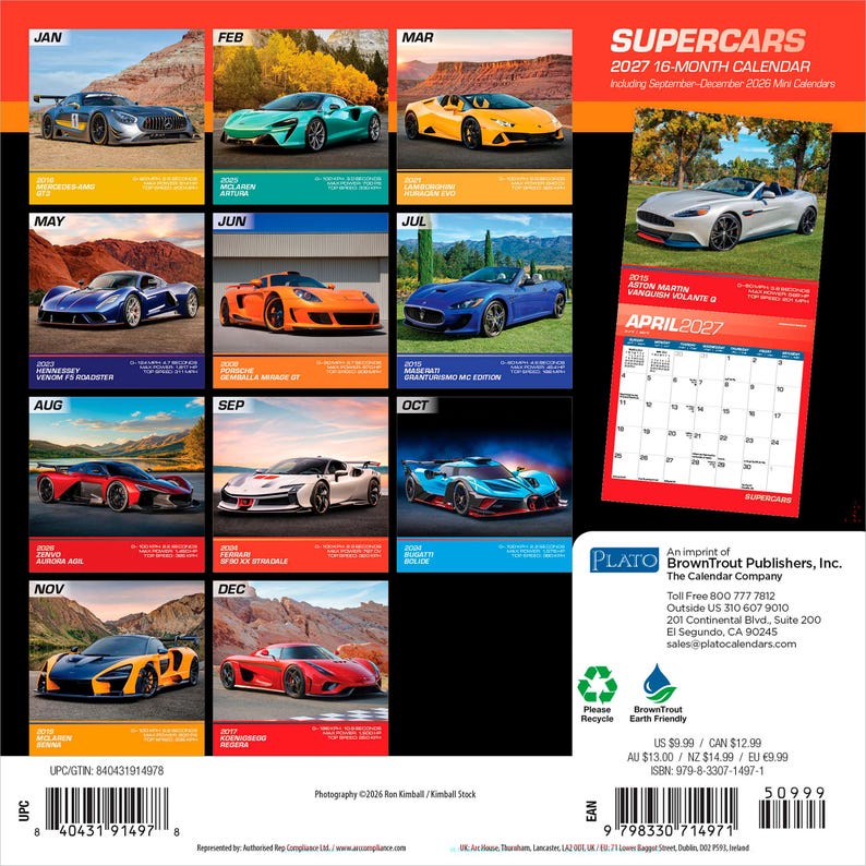 Puede incluir: Un calendario de pared de 16 meses Supercars 2027 con doce veh&iacute;culos de alto rendimiento, incluyendo un Mercedes-AMG GT, un McLaren Artura y un Bugatti Bolide. La contraportada muestra cuadr&iacute;culas mensuales y especificaciones.