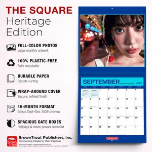 May include: A 2027 wall calendar titled THE SQUARE Heritage Edition featuring a portrait of a person on the top page and a September 2027 grid on the bottom. The calendar includes text detailing features like full-color photos and 16-month format.
