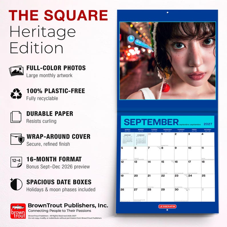 May include: A 2027 wall calendar titled THE SQUARE Heritage Edition featuring a portrait of a person on the top page and a September 2027 grid on the bottom. The calendar includes text detailing features like full-color photos and 16-month format.
