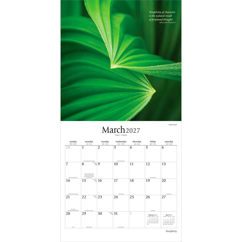May include: A wall calendar for March 2027 featuring a vibrant green palm leaf image at the top. The text reads, Simplicity of character is the natural result of profound thought. - William Hazlitt. The grid displays dates from Sunday to Saturday.