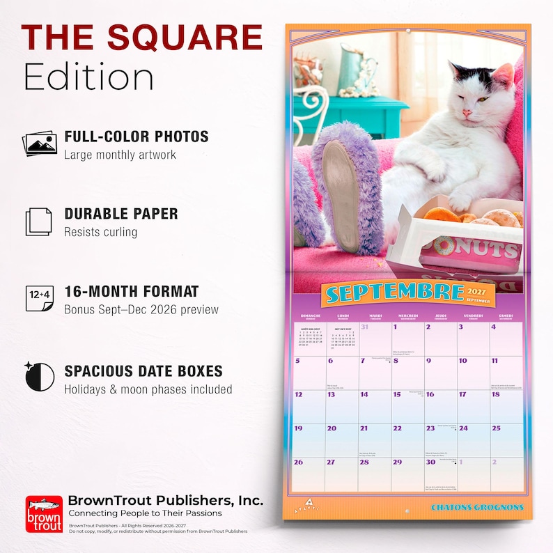 May include: A 16-month wall calendar titled THE SQUARE Edition featuring a white cat wearing fuzzy purple slippers next to a box of donuts. The September 2027 page displays a grid with spacious date boxes, holidays, and moon phases on durable paper.