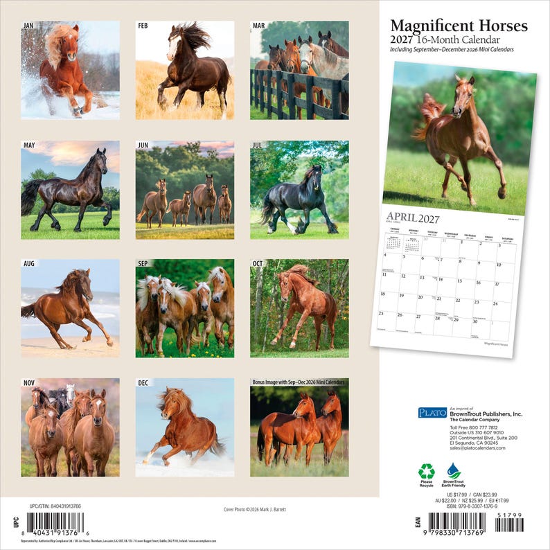 K&ouml;nnte beinhalten: Ein 16-monatiger Wandkalender f&uuml;r 2027 mit dem Titel Magnificent Horses, der f&uuml;r jeden Monat verschiedene Pferdefotografien zeigt. Die R&uuml;ckseite enth&auml;lt ein Raster der Monatsbilder, eine Beispielseite f&uuml;r April 2027, Verlagsinformationen und Barcodes.