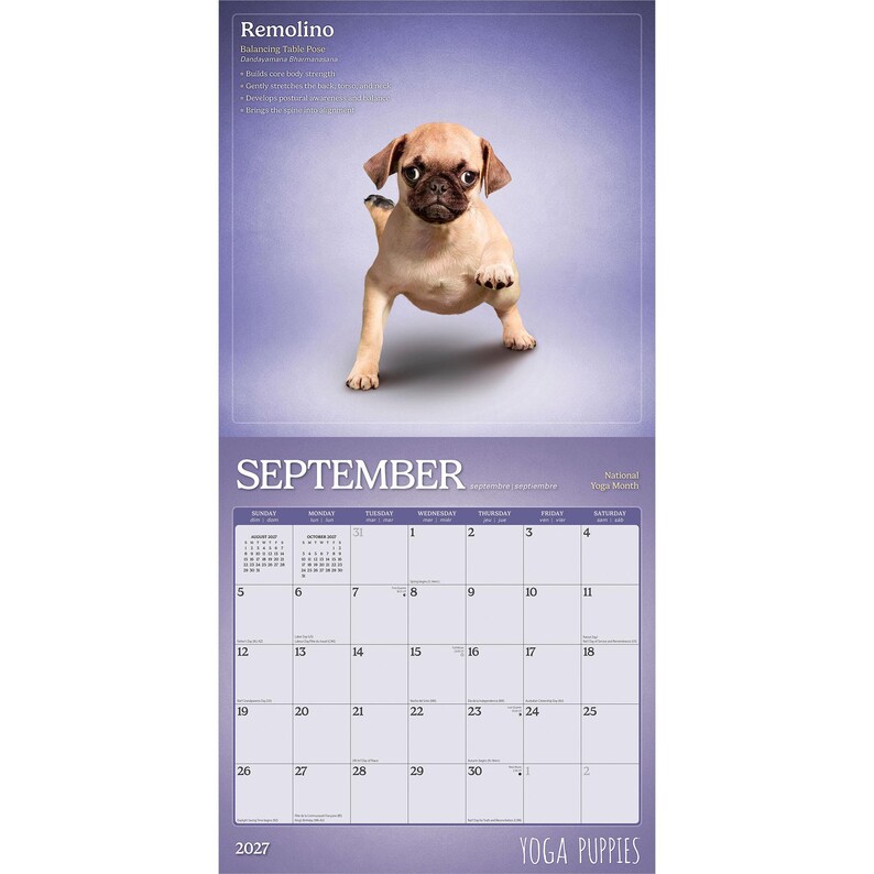 K&ouml;nnte beinhalten: Ein Wandkalender f&uuml;r 2027 mit einem beigen Mops-Welpen in einer Yoga-Pose namens Remolino. Die Seite zeigt den Monat September mit einem Datumsraster, dem Text National Yoga Month und dem Titel Yoga Puppies unten in violetten Farbt&ouml;nen.