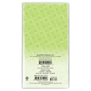 Pode incluir: Uma contracapa de calend&aacute;rio retangular com um fundo verde claro e um padr&atilde;o geom&eacute;trico de estrelas repetitivo. Exibe os detalhes de contato da BrownTrout Publishers, Inc., um c&oacute;digo de barras, o ISBN 978-8-3307-1025-6 e o texto Horse Lovers.