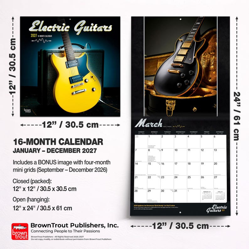 May include: A 16-month 2027 wall calendar titled Electric Guitars, measuring 30.5 cm by 30.5 cm closed and 30.5 cm by 61 cm open. The cover features a yellow electric guitar, while the open view shows a black guitar and a March calendar grid.