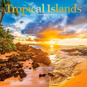 May include: A 2027 16-month calendar titled Tropical Islands featuring a vibrant sunset over a beach with dark volcanic rocks, golden sand, and a palm tree silhouette against a bright orange and blue sky with the brand name Plato printed.
