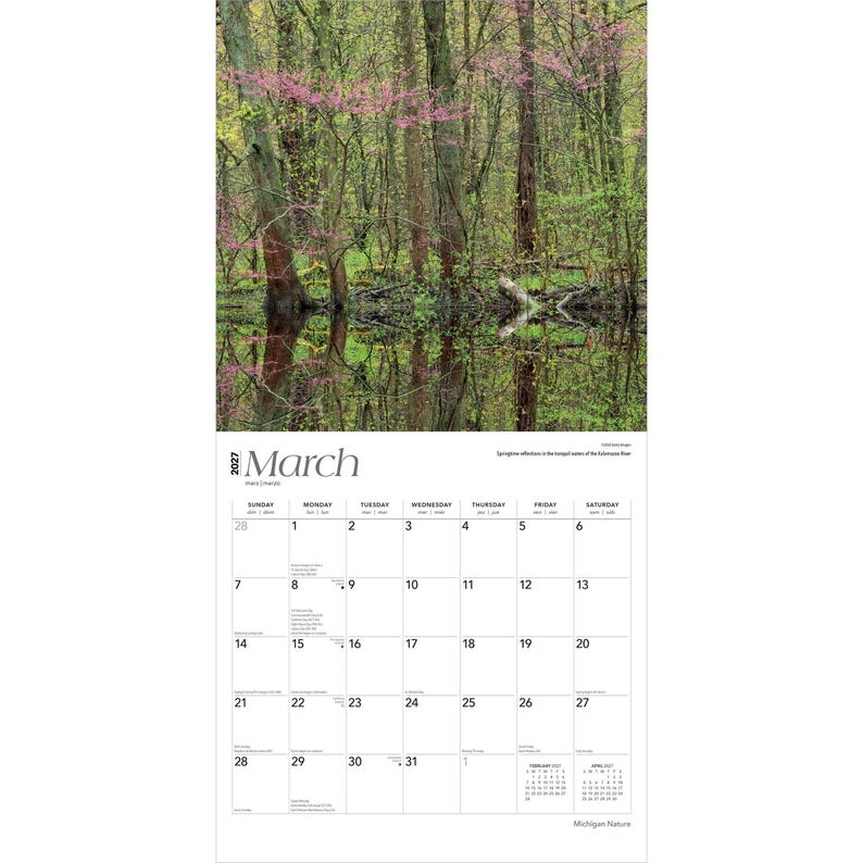 May include: A 2027 wall calendar for the month of March featuring a photograph of a forest with pink flowering trees reflected in calm water. The calendar grid displays dates from the 1st to the 31st with black text on a white background.