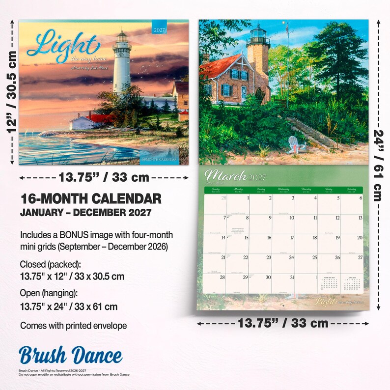 Peut inclure: Un calendrier mural de 16 mois pour 2027 illustr&eacute; de phares. Les dimensions ferm&eacute;es sont de 33 cm sur 30,5 cm et les dimensions ouvertes sont de 33 cm sur 61 cm. Le calendrier comprend une image bonus et des mini-grilles pour fin 2026.