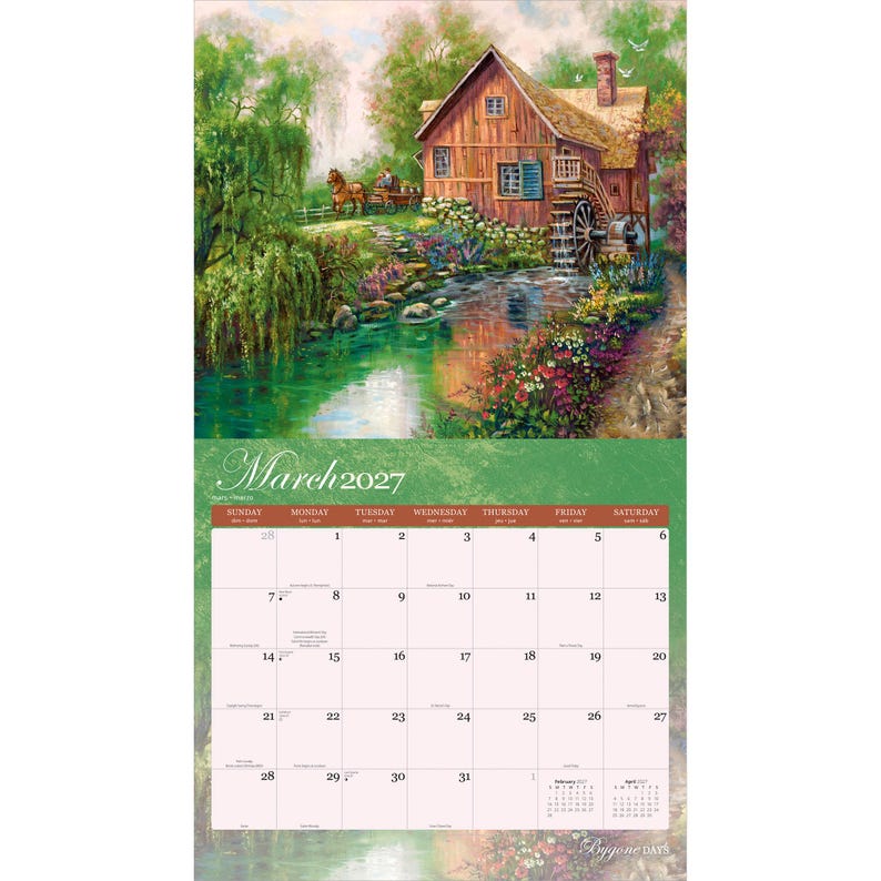May include: A wall calendar for March 2027 featuring a painting of a rustic wooden house with a water wheel beside a stream, surrounded by lush green trees and colourful flowers. A horse-drawn carriage is visible near the house in the background.