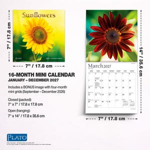Puede incluir: Un minicalendario de 16 meses para 2027 con fotograf&iacute;as de girasoles. El calendario cerrado mide 17,8 cm por 17,8 cm, y el calendario abierto mide 17,8 cm por 35,6 cm. Incluye una cuadr&iacute;cula adicional de cuatro meses para finales de 2026.