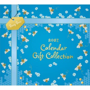 May include: A square 2027 calendar gift collection cover featuring a bright blue background with a repeating pattern of yellow and black bees, white flowers, and a subtle hexagonal honeycomb texture. A light blue ribbon and a gold tag labeled Busy Bees.