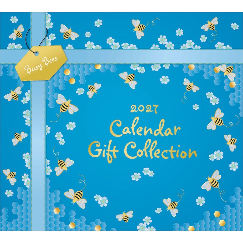 May include: A square 2027 calendar gift collection cover featuring a bright blue background with a repeating pattern of yellow and black bees, white flowers, and a subtle hexagonal honeycomb texture. A light blue ribbon and a gold tag labeled Busy Bees.